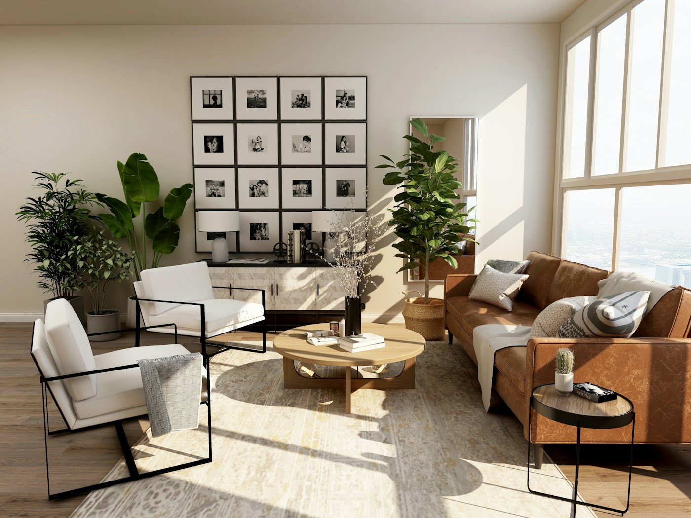 Sunlit living room with warm natural materials — stock inspiration